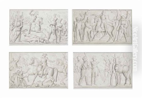 Trompe L'oeil Bas-reliefs: Monks Fleeing Before A Napoleonic Officer; A Napoleonic Officer Talking With His Men; A Napoleonic Officer Being Cheered By His Men; A Napoleonic Officer On The Battlefield (set Of 4) - view 1