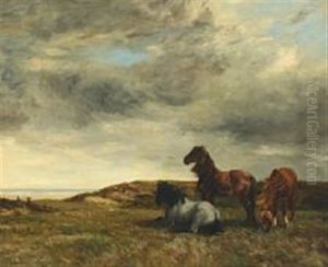 Horses In The Dunes Overlooking The Ocean by Gosselin, Charles