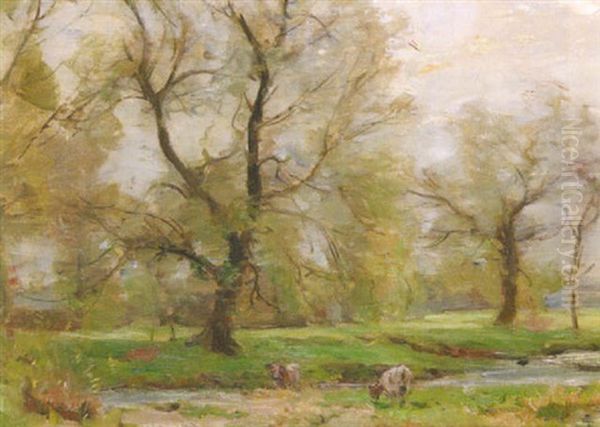 Impressionistic Spring Landscape With Cows Grazing - view 1