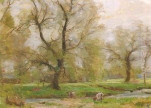 Impressionistic Spring Landscape With Cows Grazing by Gosselin, Charles