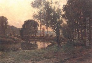 A Wooded River Landscape, Sunset by Ferdinand Jules Albert Gosselin