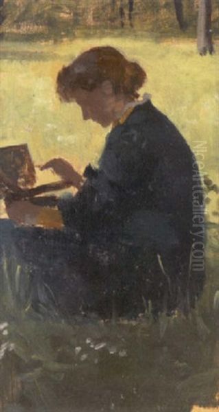Caroline Gotch Sketching Near Brole In The Forest Of Fontainebleau - view 1