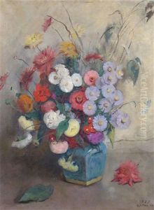 Still Life Of Summer Flowers In A Blue Vase