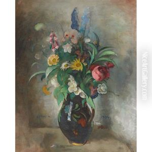 Flowers In A Blue Floral Pitcher by Moricz Goth