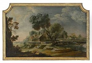 Pastoralt Landskap Med Gardsmiljo Och Fiskare - Dorroverstycke by Lorens (Lars) Gottman