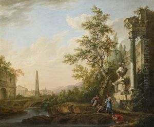 Bergers Se Desalterant Au Bord D'une Riviere Devant Des Ruines Antiques by Lorens (Lars) Gottman
