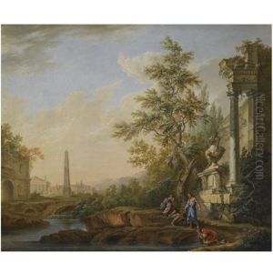 An Italianate Landscape With Figures Drinking From A River Beneath Classical Ruins, An Obelisk, A Roman Triumphal Arch And A Town Beyond by Lorens (Lars) Gottman