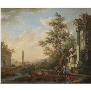 An Italianate Landscape With Figures Drinking From A Stream Beneath Ruins, An Obelisk, A Roman Triumphal Arch And A Town Beyond