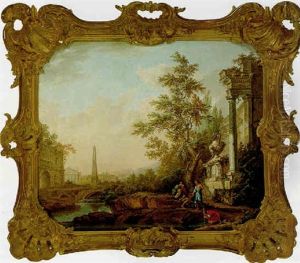 An Italianate Landscape With Travellers Resting And Drinking From A River, With Ruins And An Obelisk