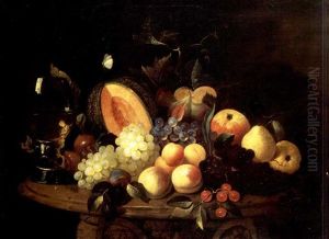 Peaches, Cherries, Grapes, Pears, An Apple, A Melon, Plums And A Roemer On A Table With A Butterfly Nearby Peaches, Cherries, Grapes, Pears, An Apple, A Melon, Plums And A Roemer On A Table With A Butterfly Nearby