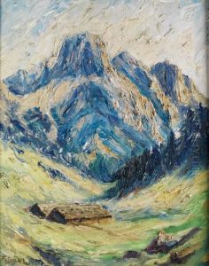 Blaue Alpengipfel Mit Schneefeldern Und Berghutten Im Tal