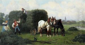 Een Landschap Met Landarbeiders Bij De Hooiwagen Met Paarden