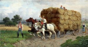 Een Landschap Met Een Hooiwagen Met Paarden En Landarbeiders by Eduard Goetzelmann