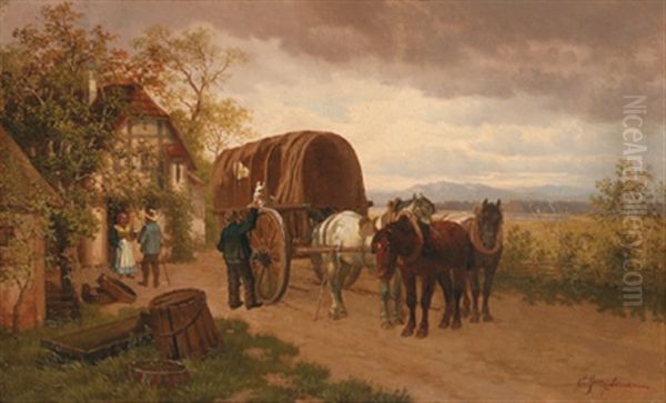 Ein Pferdefuhrwerk Vor Einem Bauernhaus - view 1