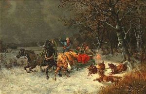 In Winterlicher Landschaft Wird Eine Troika Von Wolfen Angegriffen