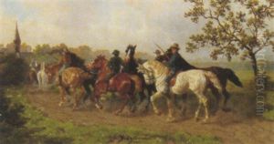 Reitergruppe Am Weg Zur Tranke by Eduard Goetzelmann
