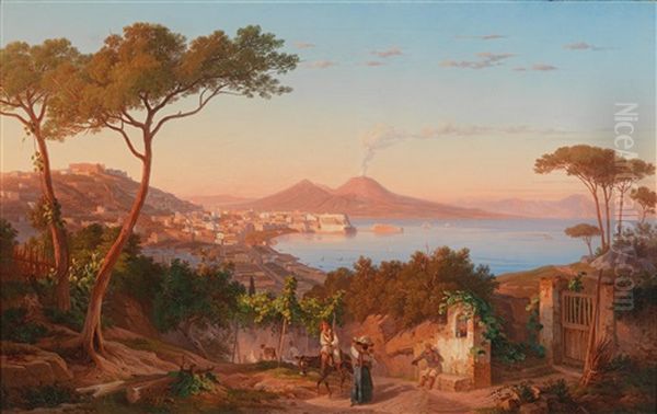 View Of The Bay Of Naples, Vesuvius In The Background by Carl (Karl) Wilhelm Goetzloff