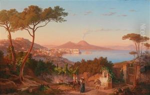 View Of The Bay Of Naples, Vesuvius In The Background by Carl (Karl) Wilhelm Goetzloff
