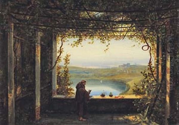 Blick Von Der Pergola Des Kapuziner-klosters In Nemi Auf Den See Und Das Stadtchen Genzano, Mit Einem Monch Im Vordergrund - view 1
