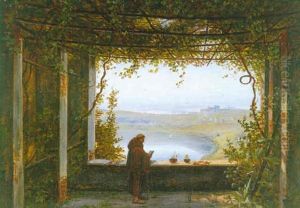 Blick Von Der Pergola Des Kapuziner Klosters In Nemi Auf Den See Und Das Stadtchen Genzano, Mit Einem Lesenden Monch Blick Von Der Pergola Des Kapuziner Klosters In Nemi Auf Den See Und Das Stadtchen Genzano, Mit Einem Lesenden Monch