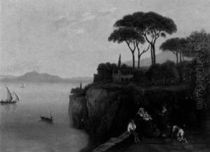 Antike Ruinen Am Gold Von Sorrent, Im Hintergrund Der Vesuv by Carl (Karl) Wilhelm Goetzloff