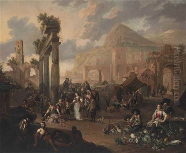 An Italianate Classical Landscape With Figures Gathered Around A Stage And Peasants At A Market, Mountains Beyond - view 1