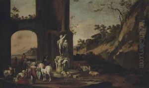 A Rocky Landscape With Figures, Horses, Goats, Bulls And Sheep By A Fountain by Antoon Goubau
