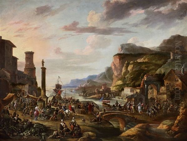 A View Of A Southern Harbour With A Market Scene - view 1