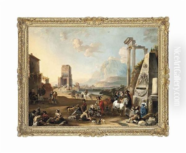 An Italianate Classical Landscape With Figures Resting Near A Fountain, Others Making Merry, A Town By A River Beyond - view 1