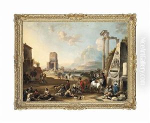 An Italianate Classical Landscape With Figures Resting Near A Fountain, Others Making Merry, A Town By A River Beyond by Antoon Goubau
