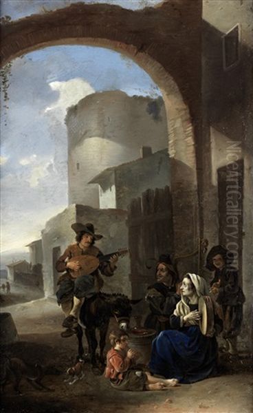 Peasants And Travellers Making Music; And Peasants Before Church Steps (pair) - view 1