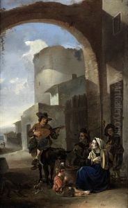 Peasants And Travellers Making Music; And Peasants Before Church Steps (pair) by Antoon Goubau