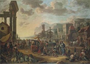 A Capriccio Of A Mediterranean Port City With A Market, A Commedia Dell'arte Performing