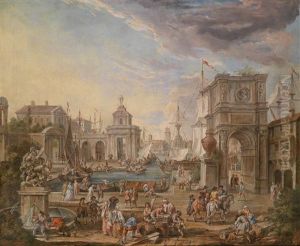 Blick In Eine Italienische Stadt Mit Lebendigem Volkstreiben by Antoon Goubau