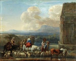 Reisende Mit Herde In Antikisierender Landschaft by Antoon Goubau