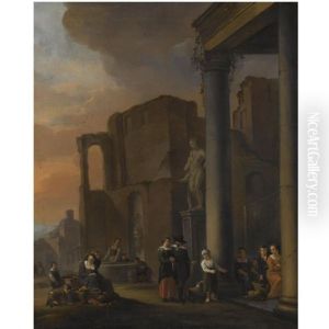 A Capriccio Scene With Classical Ruins And Figures Selling Fruit And Vegetables In The Foreground by Antoon Goubau