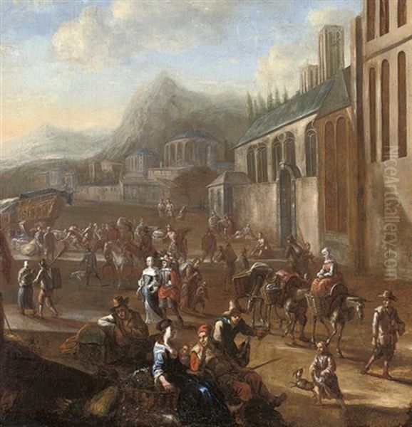 A Harbour Scene With Figures By A Church, Mountains Beyond - view 1