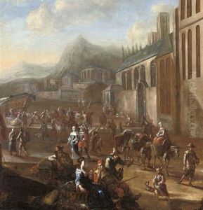A Harbour Scene With Figures By A Church, Mountains Beyond by Antoon Goubau