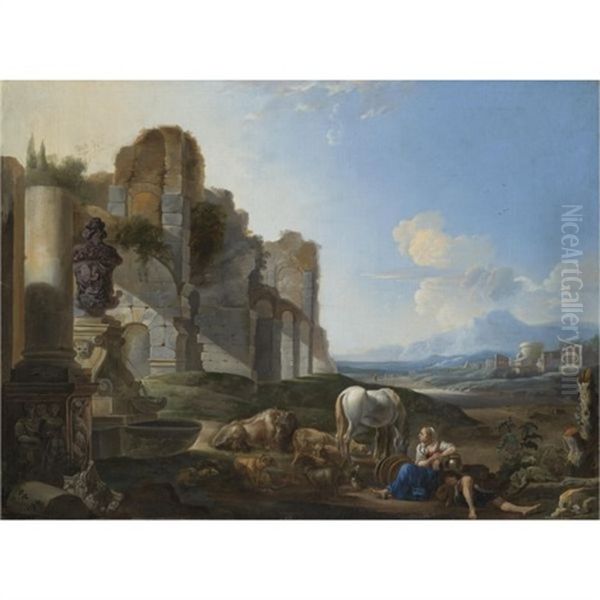 Italian Landscape With A Shepherdess And Ruins - view 1