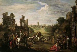 Un Toro Assalito Da Cani (festa Alla Tenuta Della Maglia In Roma Dei Principi Odescalchi) by Antoon Goubau