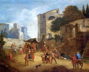 An Italianate Townscape With Peasants Brawling An Italianate Townscape With Peasants Brawling