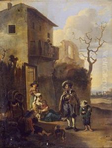 Travelers Resting By A House, With Architectural Ruins Beyond by Antoon Goubau