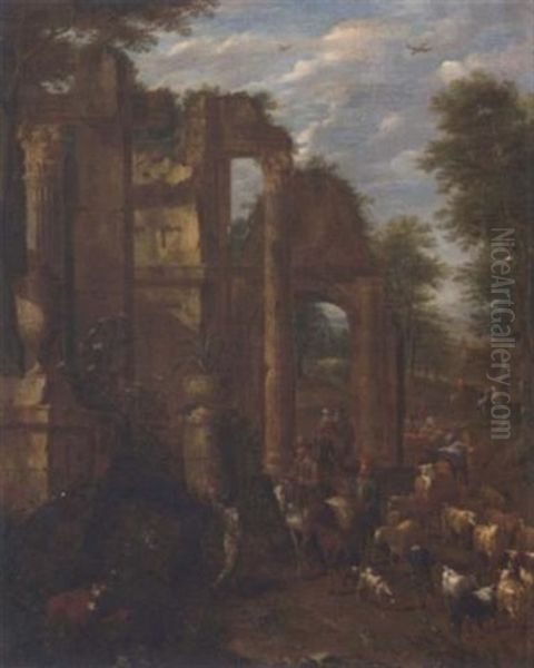 An Italianate Landscape With Classical Ruins And Drovers And Their Cattle And Travellers On A Track - view 1