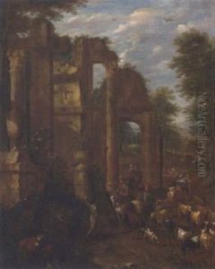 An Italianate Landscape With Classical Ruins And Drovers And Their Cattle And Travellers On A Track by Antoon Goubau