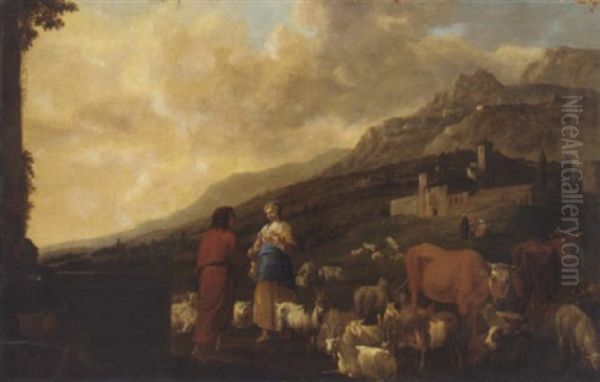 A Shepherd And Shepherdess With Cattle, Sheep And Goats In A Landscape, A Village Beyond - view 1