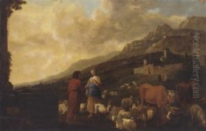 A Shepherd And Shepherdess With Cattle, Sheep And Goats In A Landscape, A Village Beyond by Antoon Goubau