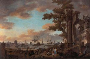 A Mediterranean Coastal Inlet With Merchants By Classical Ruins by Antoon Goubau