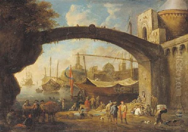 A Mediterranean Harbour With Traders Under A Bridge - view 1