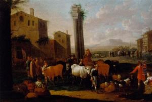 Drovers With Cattle In An Italianate Landscape by Antoon Goubau