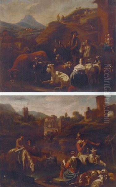 A Goatherd And A Washerwoman With Drovers By A Stream, Outside A Village In A Hilly Landscape - view 1